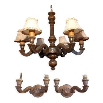 Wooden chandelier with 6 branches and its 2 sconces