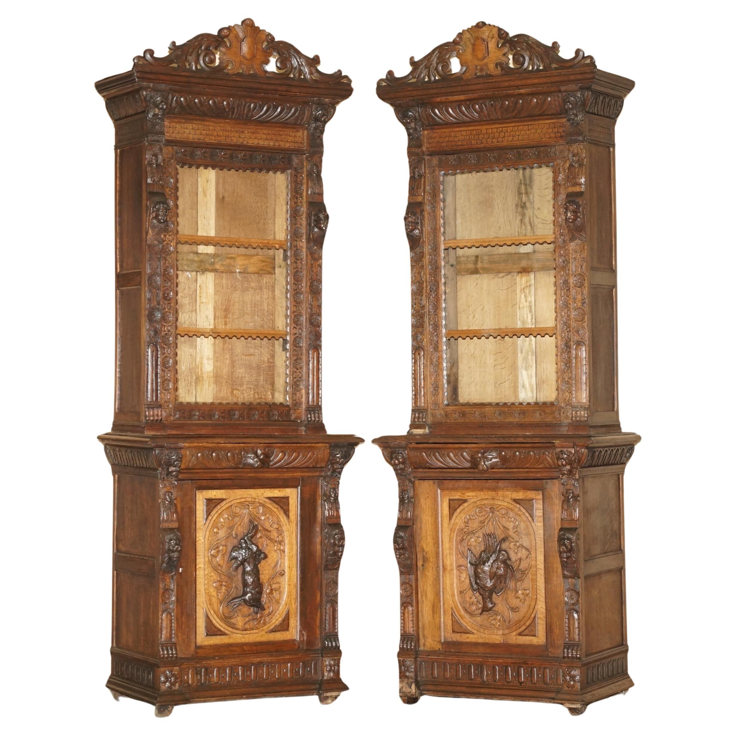 Pair of Victorian Jacobean Gothic Revival bookcases