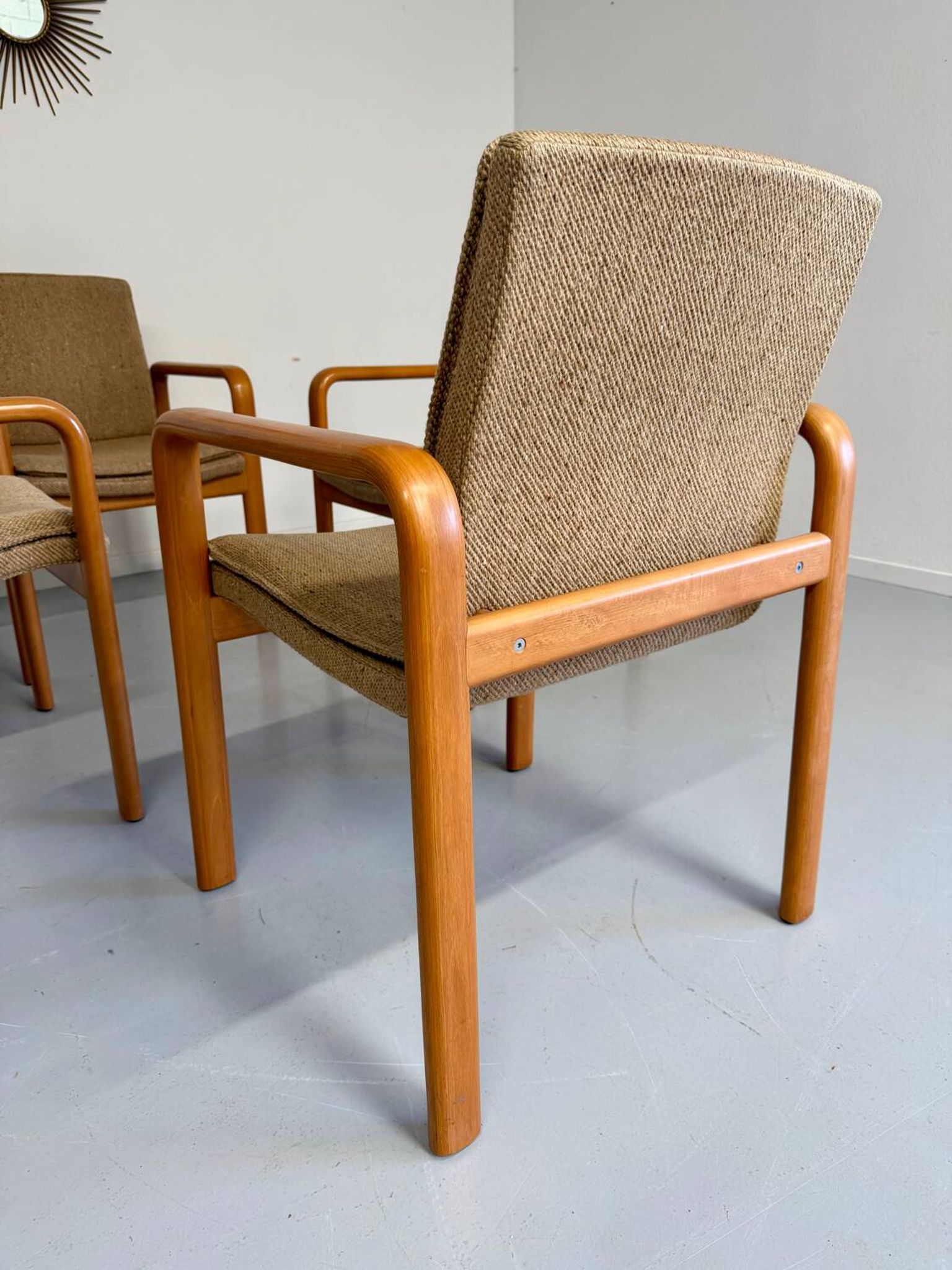 4 armchairs with armrests in beech and fabric, 1970s vintage design.
