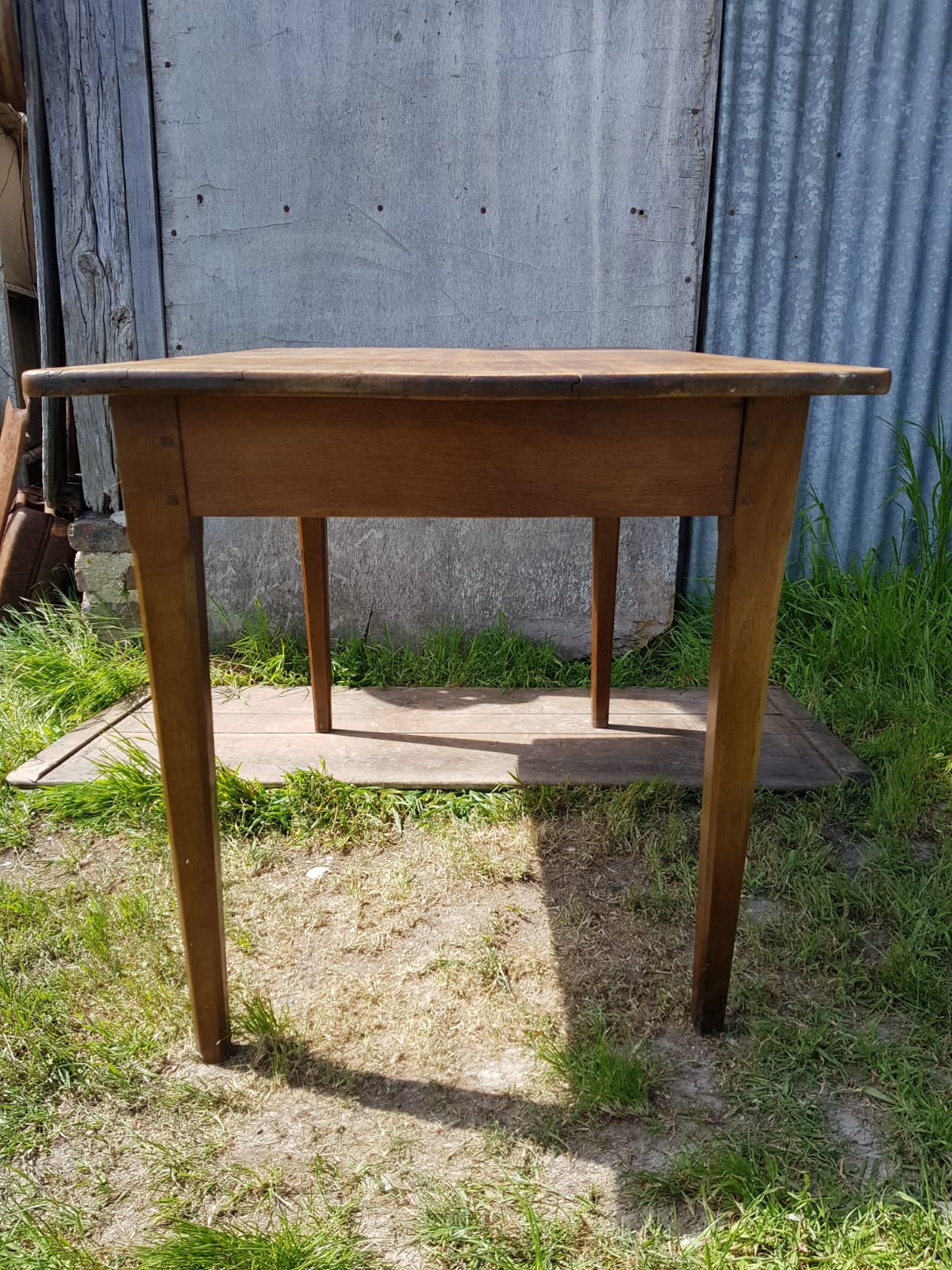 Old Farm Table - Wood Drawer Feet Compas Handle Vintage Porcelain