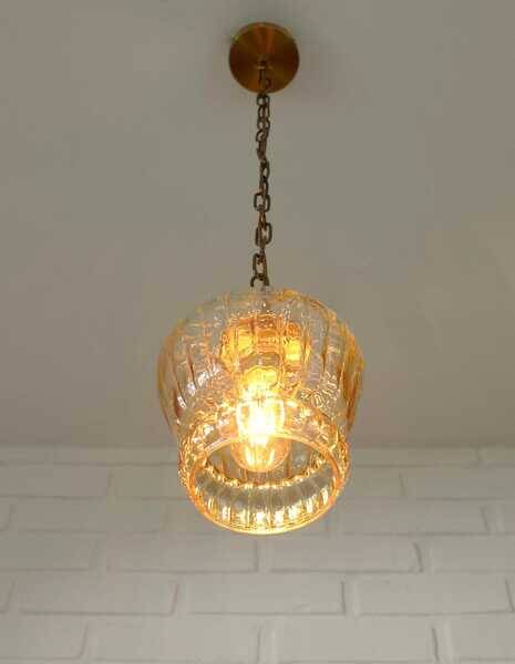Vintage old gold pendant light, amber glass, 1960s chain lamp