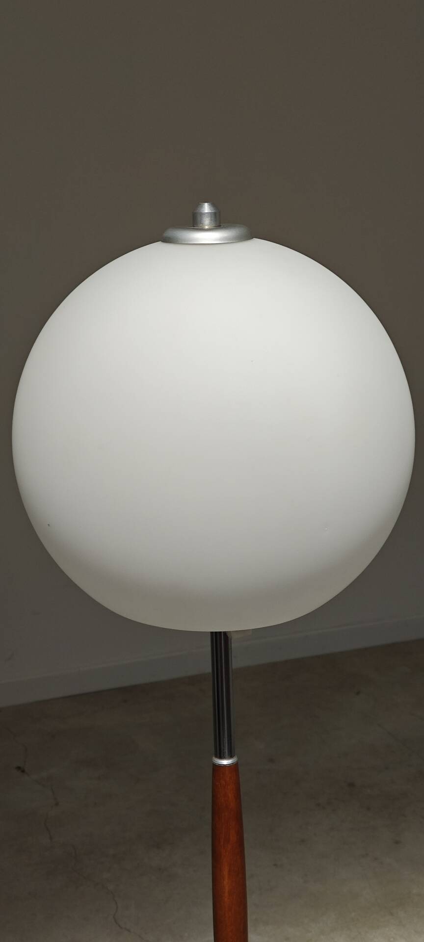 Modernist floor lamp in teak, chrome metal, opaline, Czechoslovakia 60s