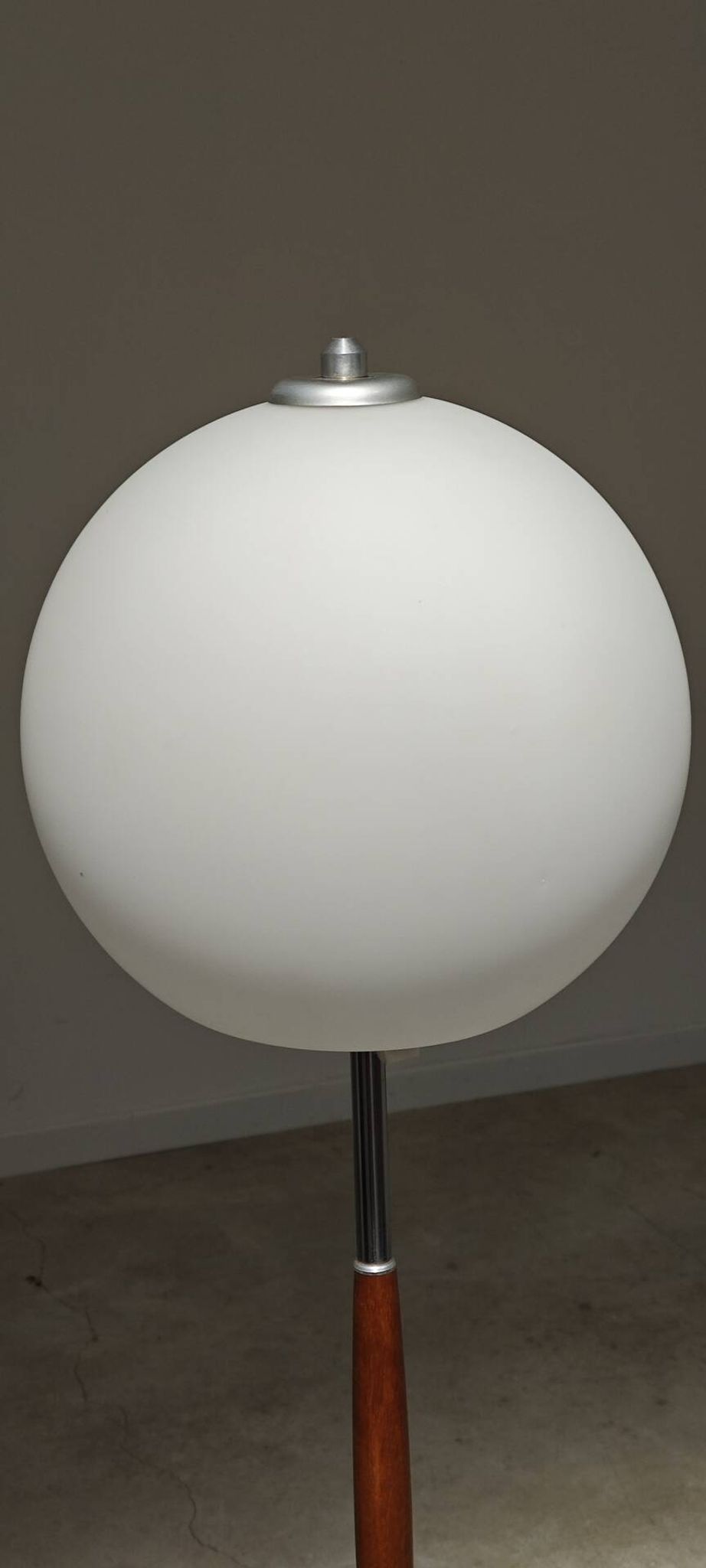 Modernist floor lamp in teak, chrome metal, opaline, Czechoslovakia 60s