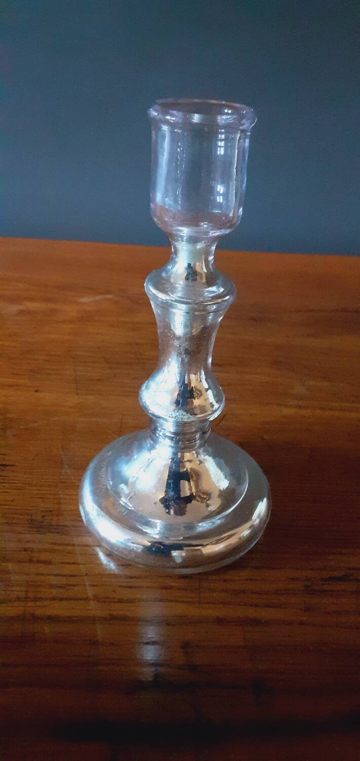 Pair Of Old Candlesticks In Eglomized/Mercurized Glass