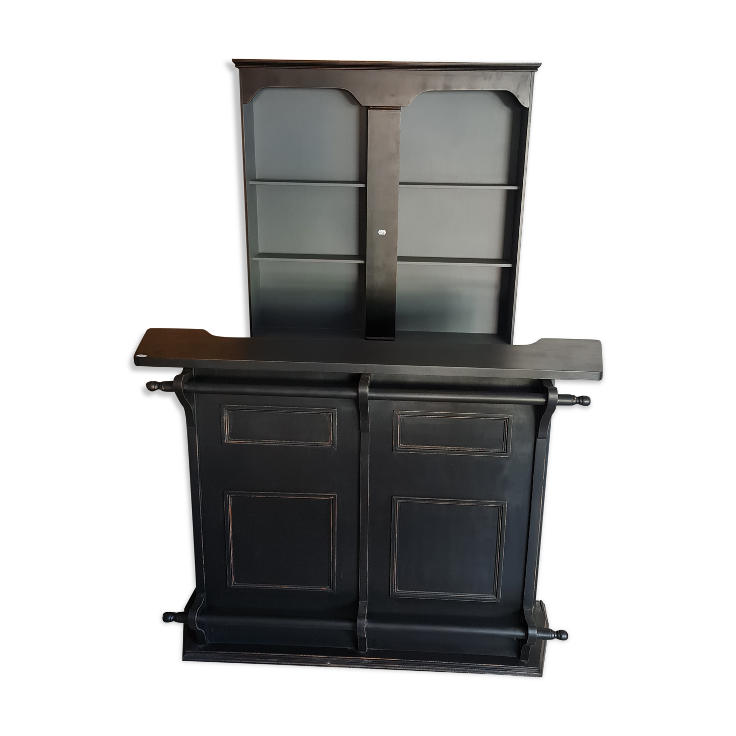 Bar set and back shelf black patina counter