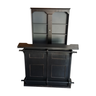 Bar set and back shelf black patina counter