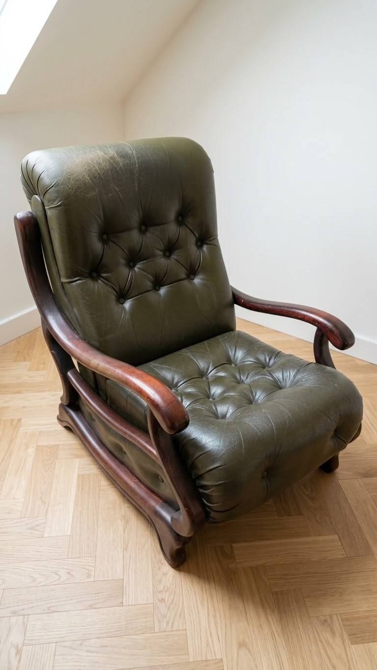 Vintage green leather tufted armchair - 1970s