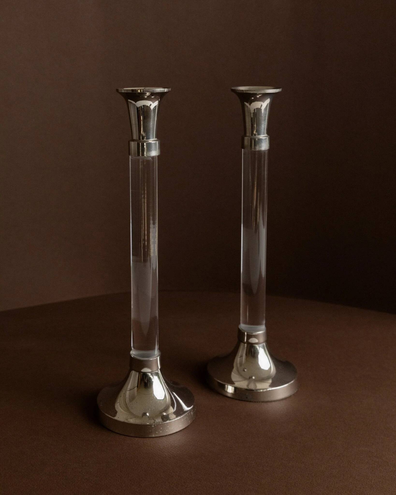 Two Vintage Candlesticks: Transparent Plexiglas & Chrome-Plated Metal, Italy 1970s Mid-Century Design