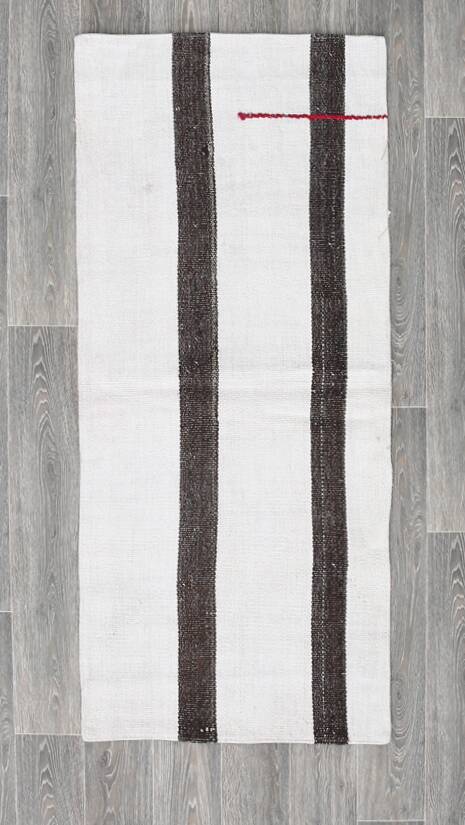Short White Brown Turkish Kilim Runner Rug, 75x174Cm