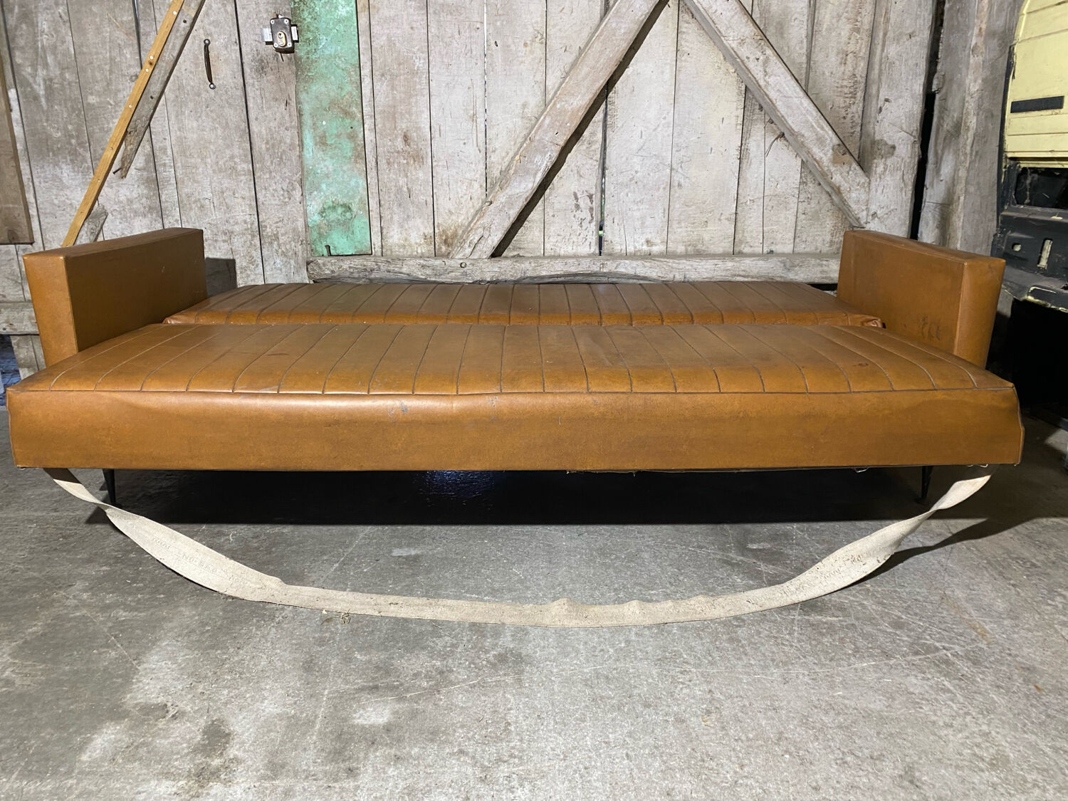Vintage 60s 70s Brown Faux Leather Sofa Bed with Armrests #D4