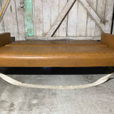 Vintage 60s 70s Brown Faux Leather Sofa Bed with Armrests #D4