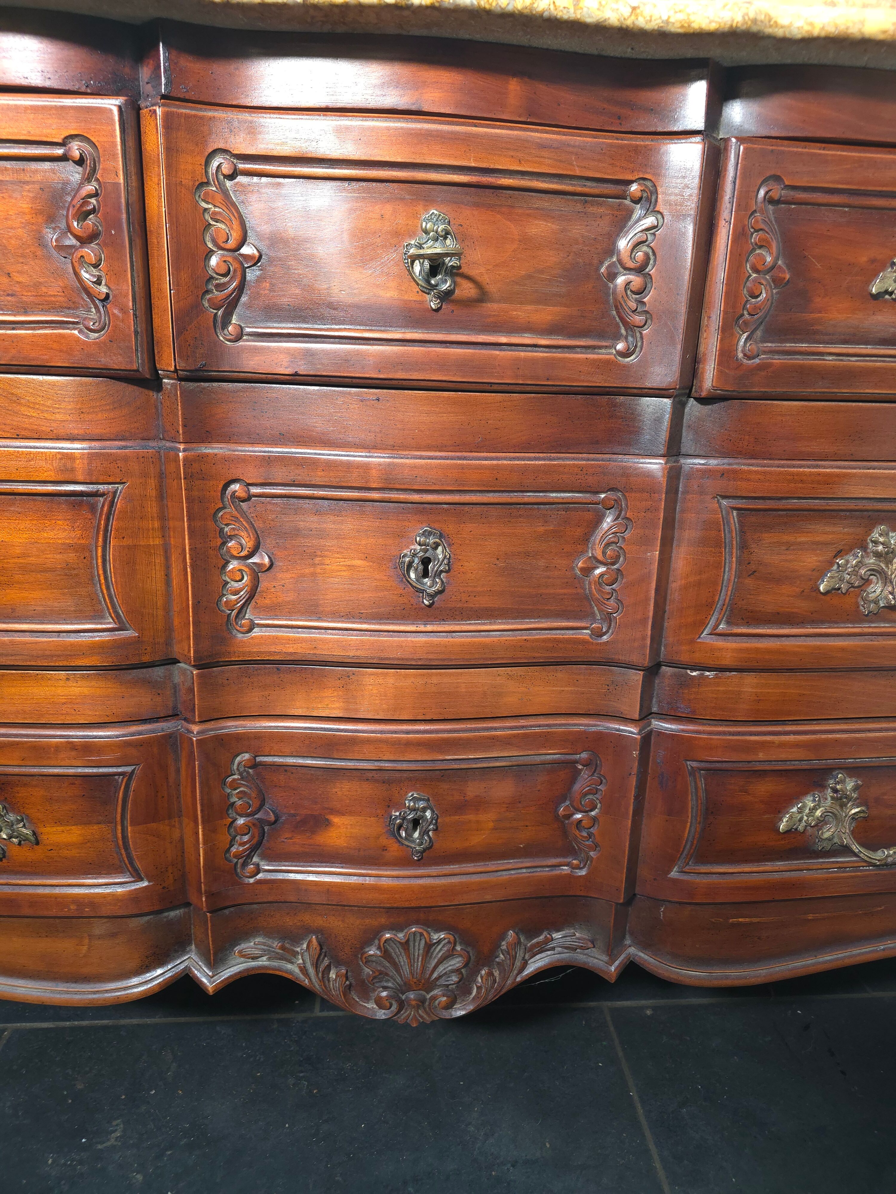 Crossbow commode in solid cherry wood, Louis XV style with marble top.