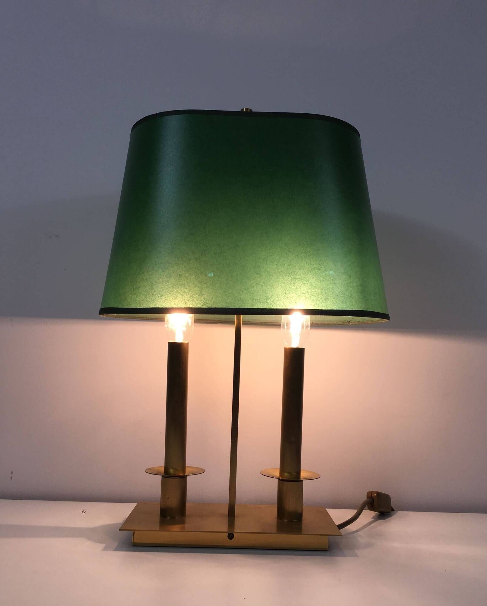 Pair of Two-Light Table Lamps in Brass with Green Shades. Work F