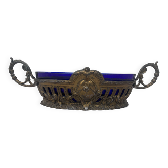 Antique French Art Deco Bronze Jardiniere Centerpiece 19th Century Indigo Blue Glass Bowl
