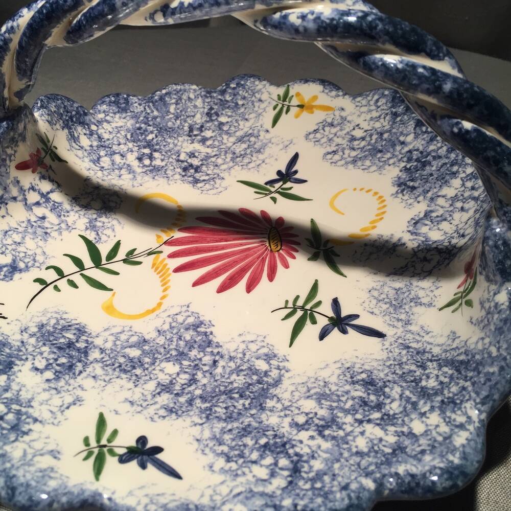 Breton earthenware basket with floral decoration empty pocket fruit cutter
