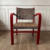 Vintage armchair in red wood and rope