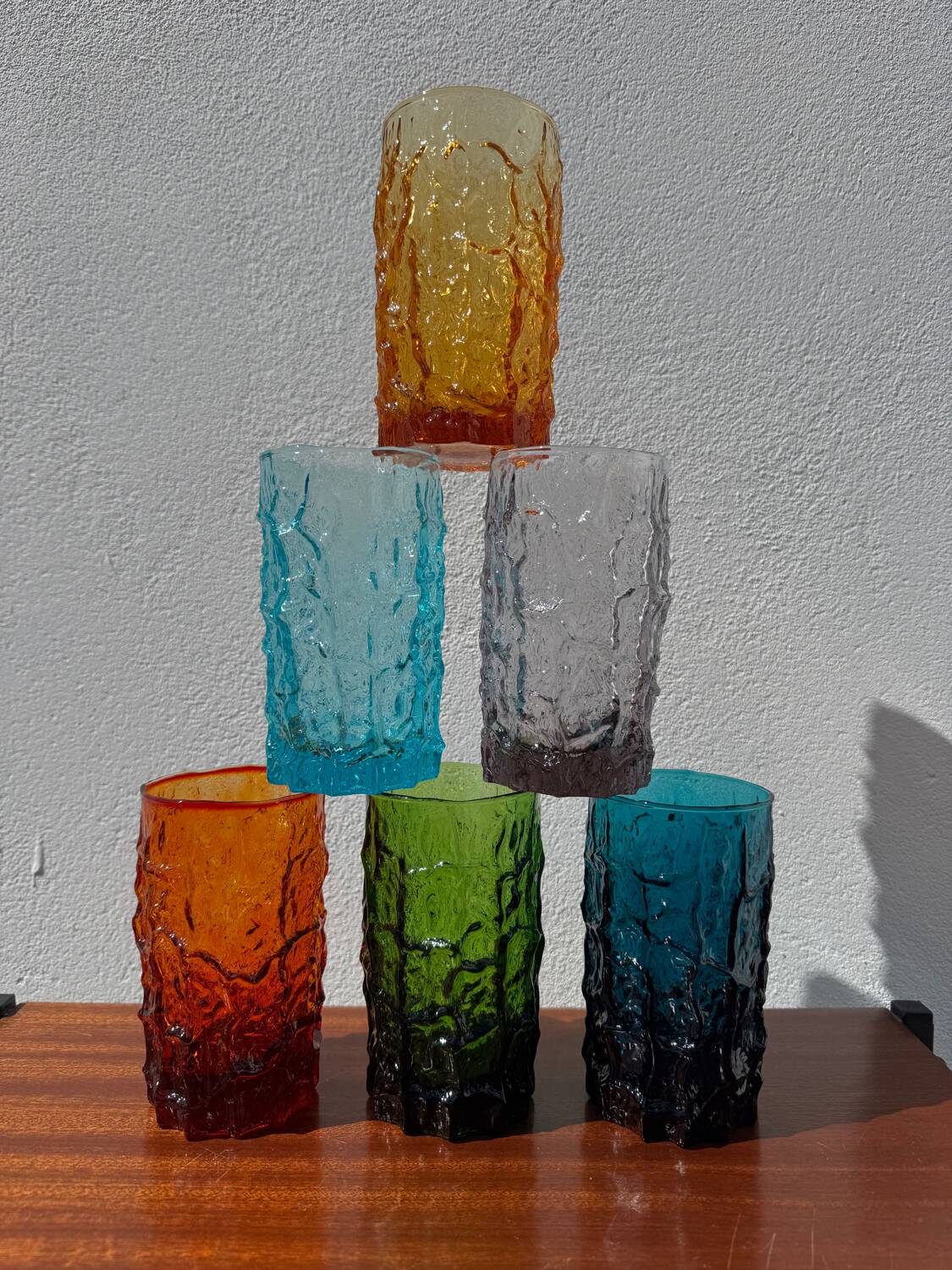 Large multicoloured glasses by Geoffrey Baxter from the 1960s.