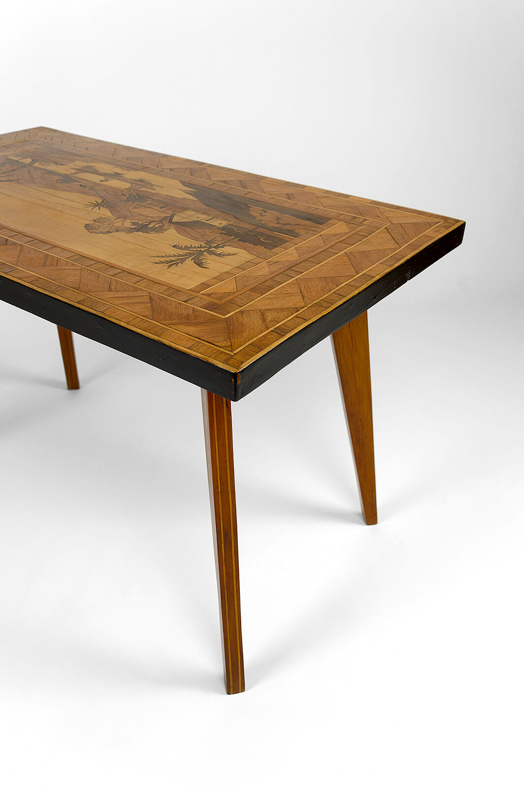 African Midcentury coffee table in inlaid wood, circa 1960