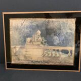 Aquarelle ancienne française signée, vue de jardin et sculpture, d'époque 19eme