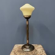 Standing copper table lamp with glass shade