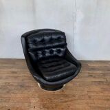 Paire de fauteuils vintage pivotants en cuir noir pied tulipe