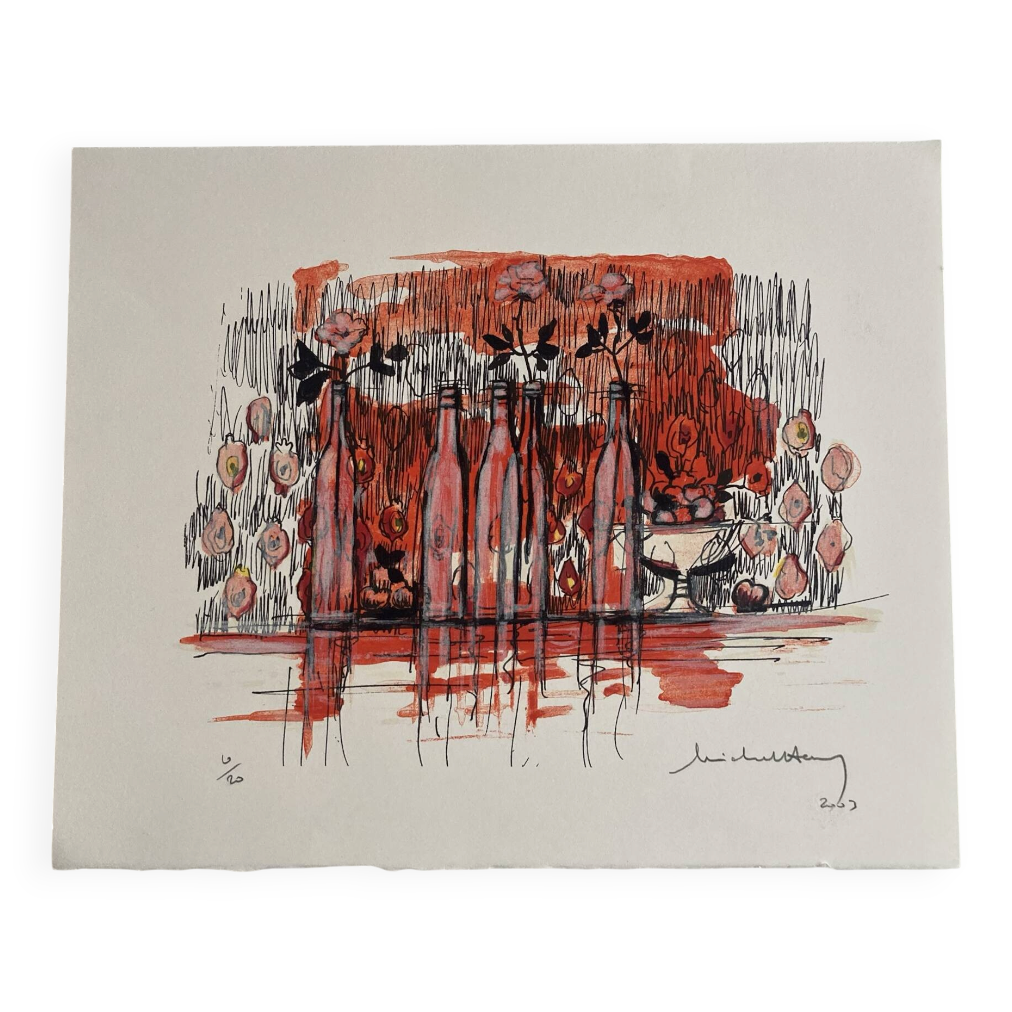 Numbered lithograph (10/20) and signed by Michel Henry - The Bottles