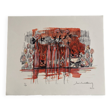Lithographie numérotée (10/20) et signée Michel Henry - Les bouteilles