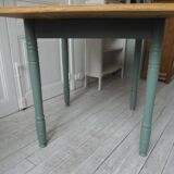 Table, vintage desk with smoked green base and oak top