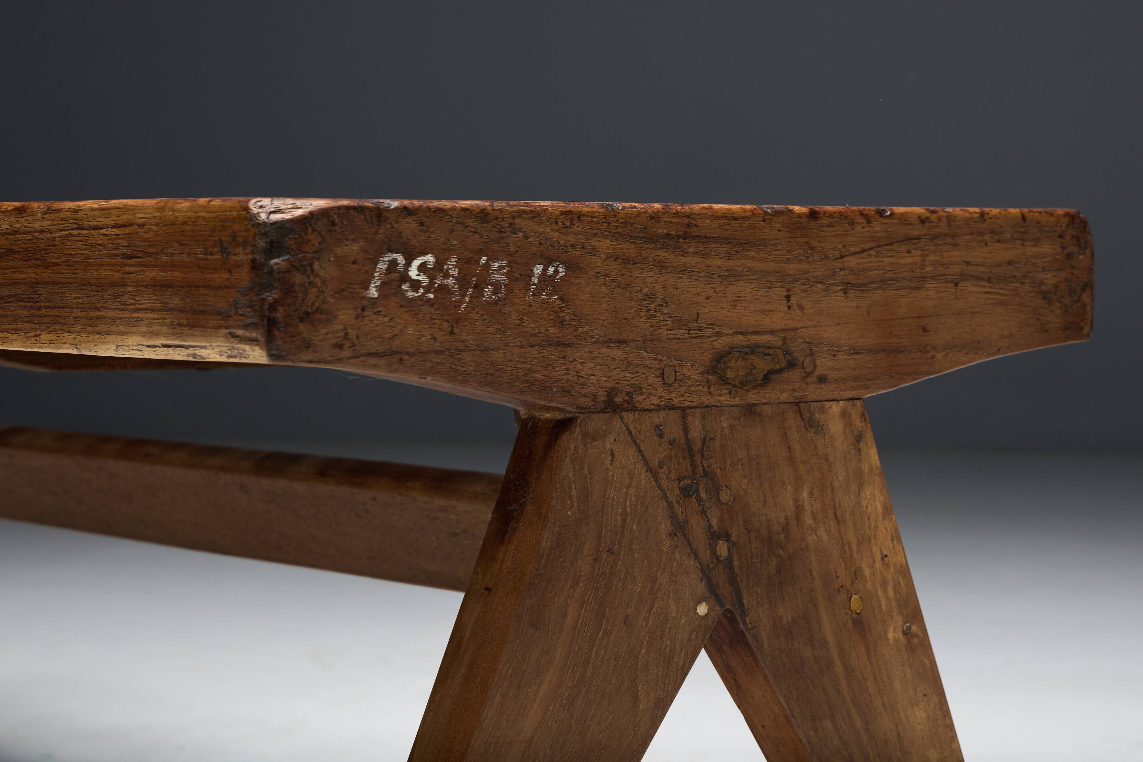 Solid Teak Slatted Bench by Pierre Jeanneret, India, 1950s