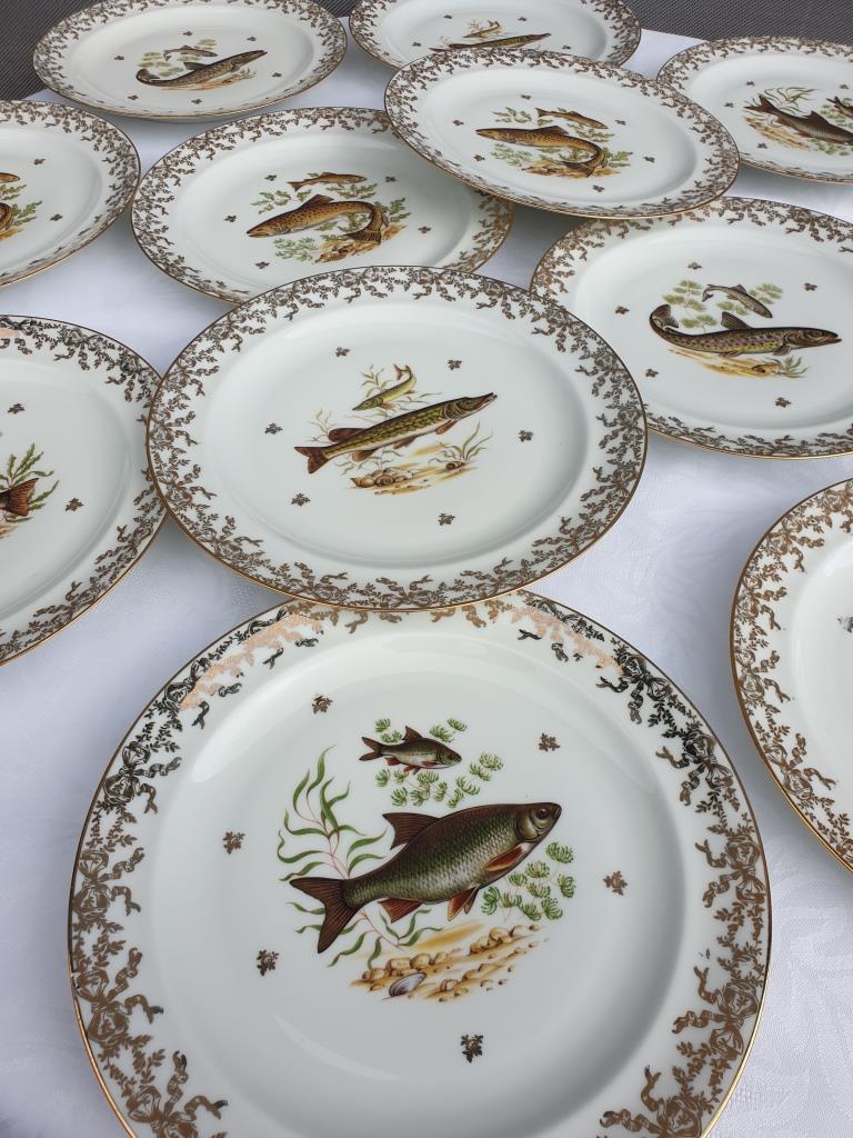 Set 12 plates porcelain gold fine fish fern limousine de Chastagner
