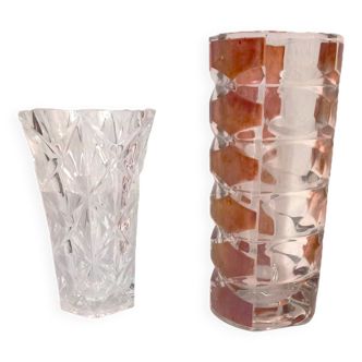 Set of 2 thick faceted glass vases from the 70s