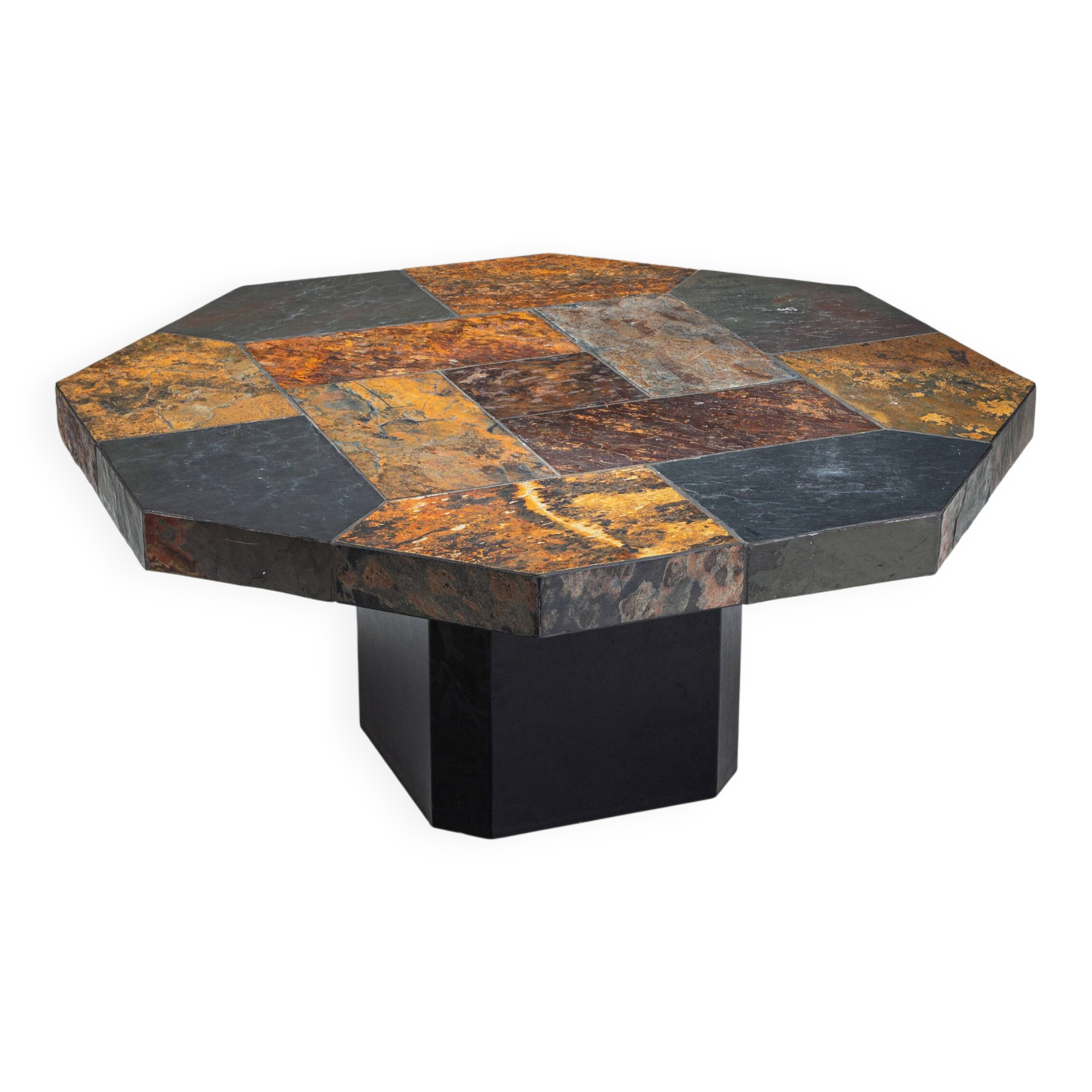 Large octagonal coffee table with multicoloured slate top