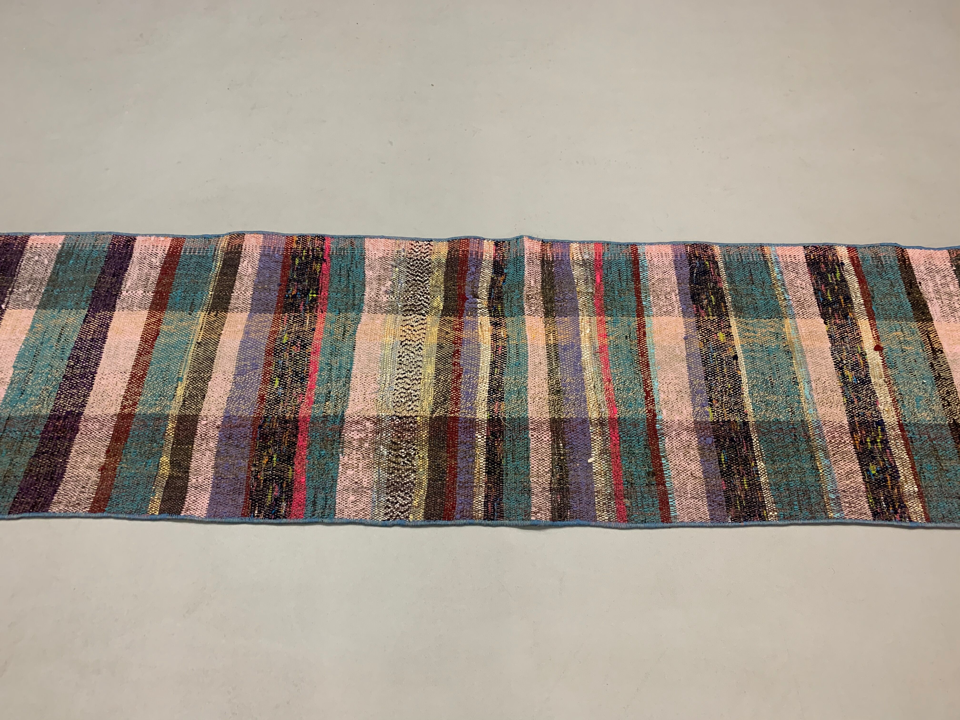 Old Turkish narrow Kilim Runner 330x50 cm, shabby chic, vintage kelim Pink Green