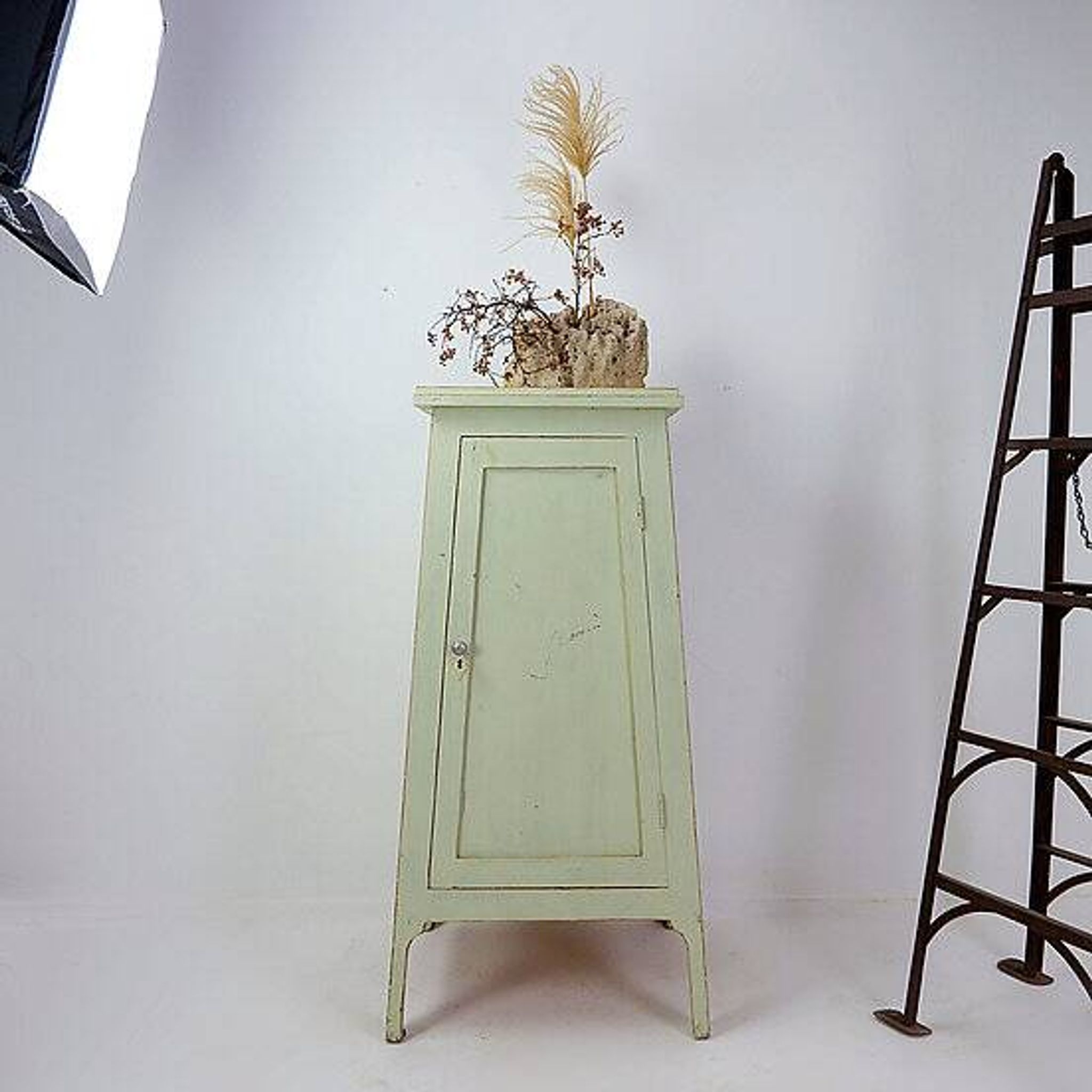 Vintage Green patinated wood Pedestal Cabinet Storage