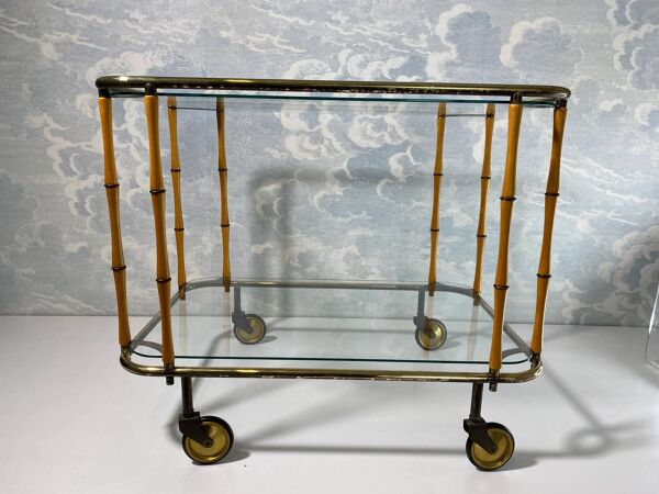 Chariot de bar à cocktails en bambou attribué à Maison Jansen, vintage années 60 boho midcentury