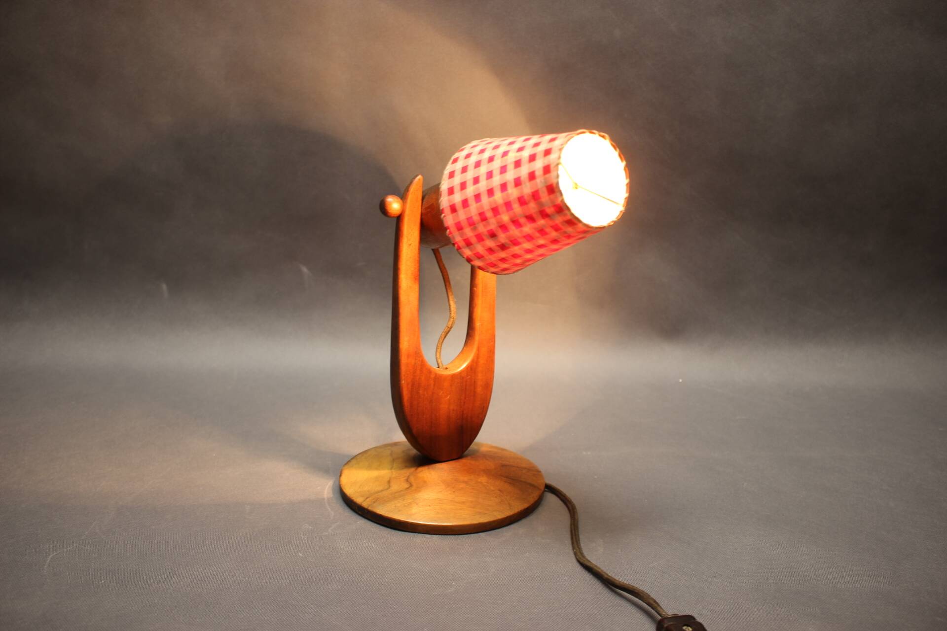 Mid-century adjustable wooden table lamp with checked shade, Czechoslovakia