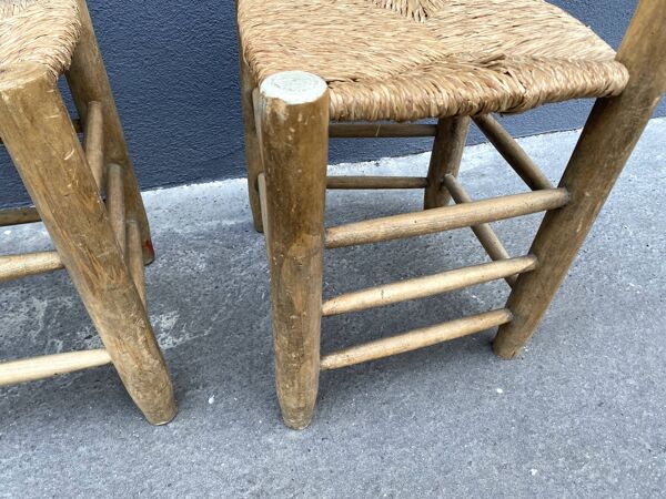 Lot de 2 chaises en bois brut et paille années 50