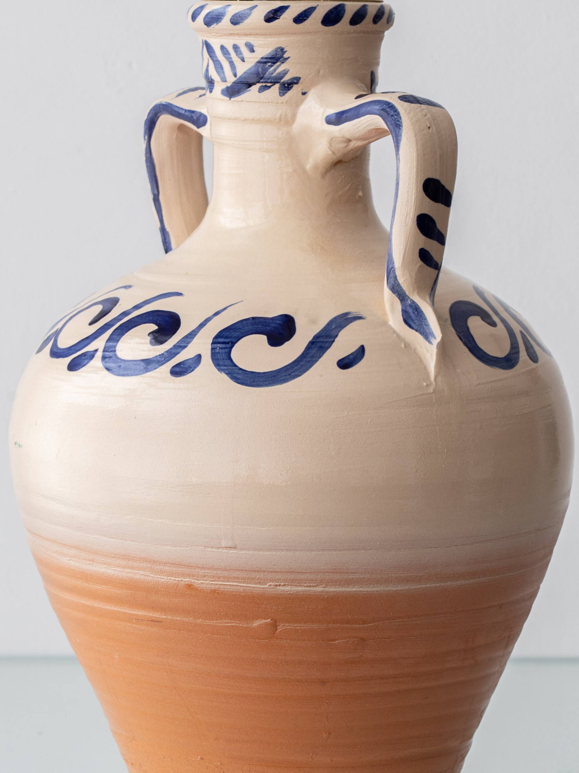 Spanish Revival Terracotta Table Lamp, Cream and Cobalt, New Linen Shade