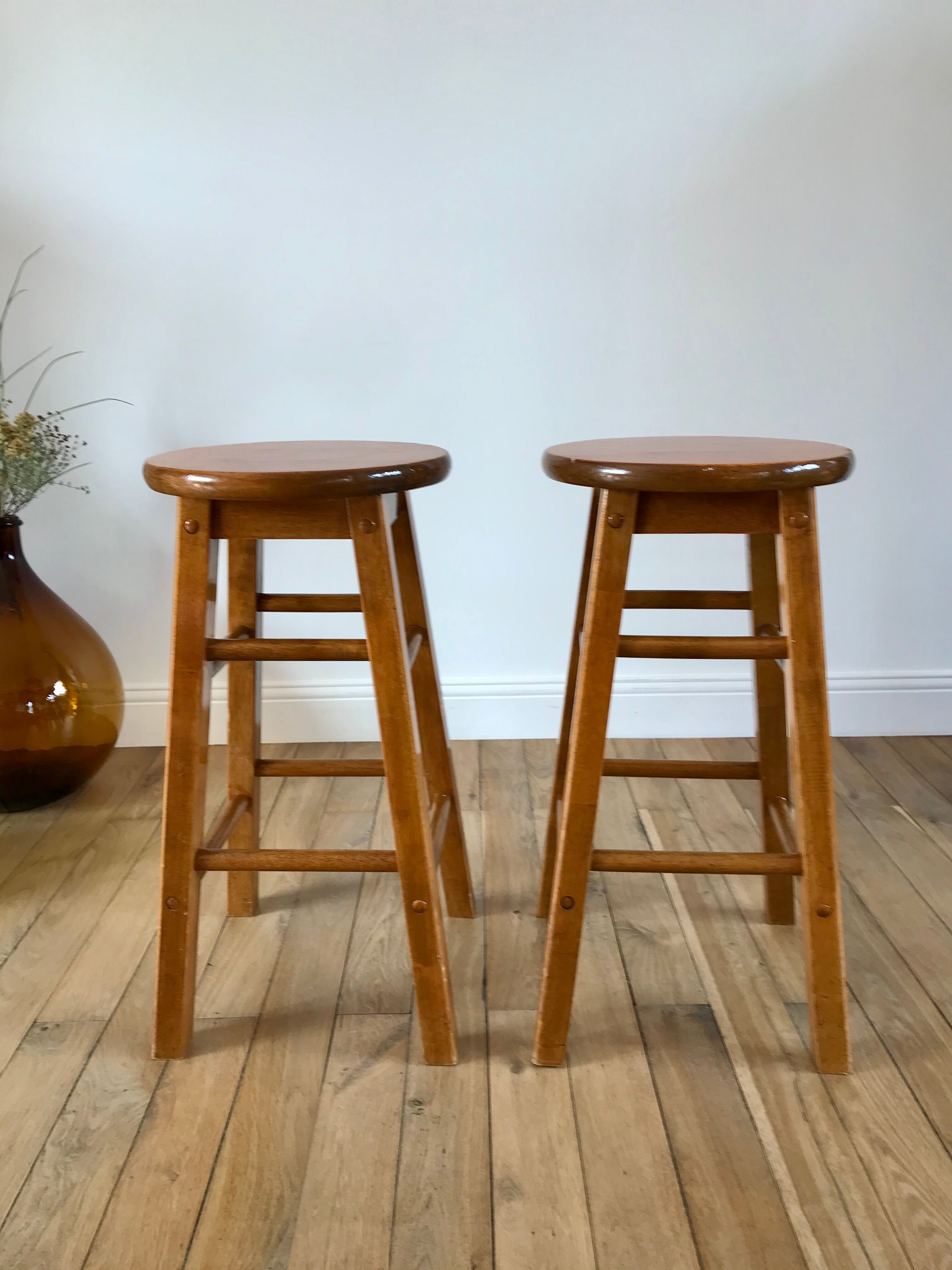 Pair of high stools / bar varnished wood 60-70s