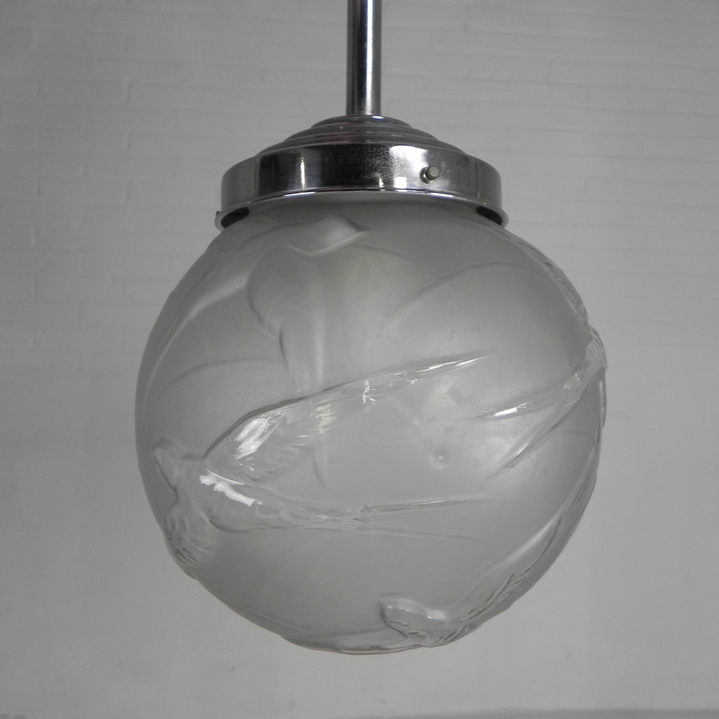 Art Deco pendant light with engraved glass globe and birds, 1930s