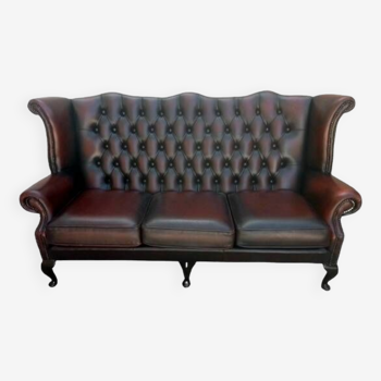 Vintage Chesterfield 3-seater sofa in red leather - English wingback model