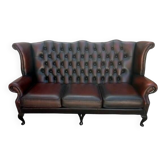 Canapé 3 places Vintage Chesterfield en cuir rouge - modèle à oreilles anglais