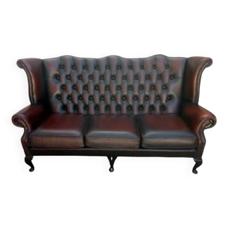 Vintage Chesterfield 3-seater sofa in red leather - English wingback model