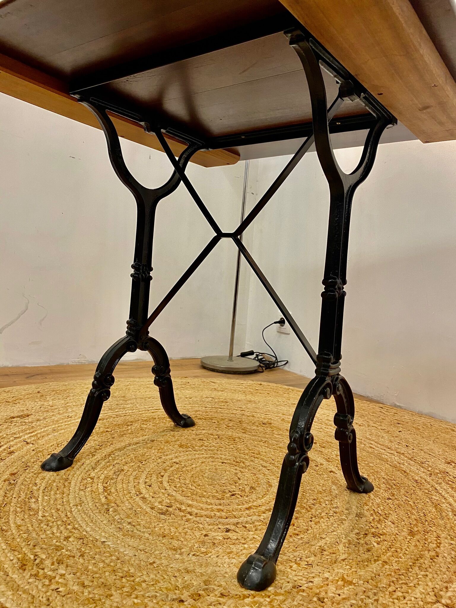 Wrought iron foot bistro table and wooden tray