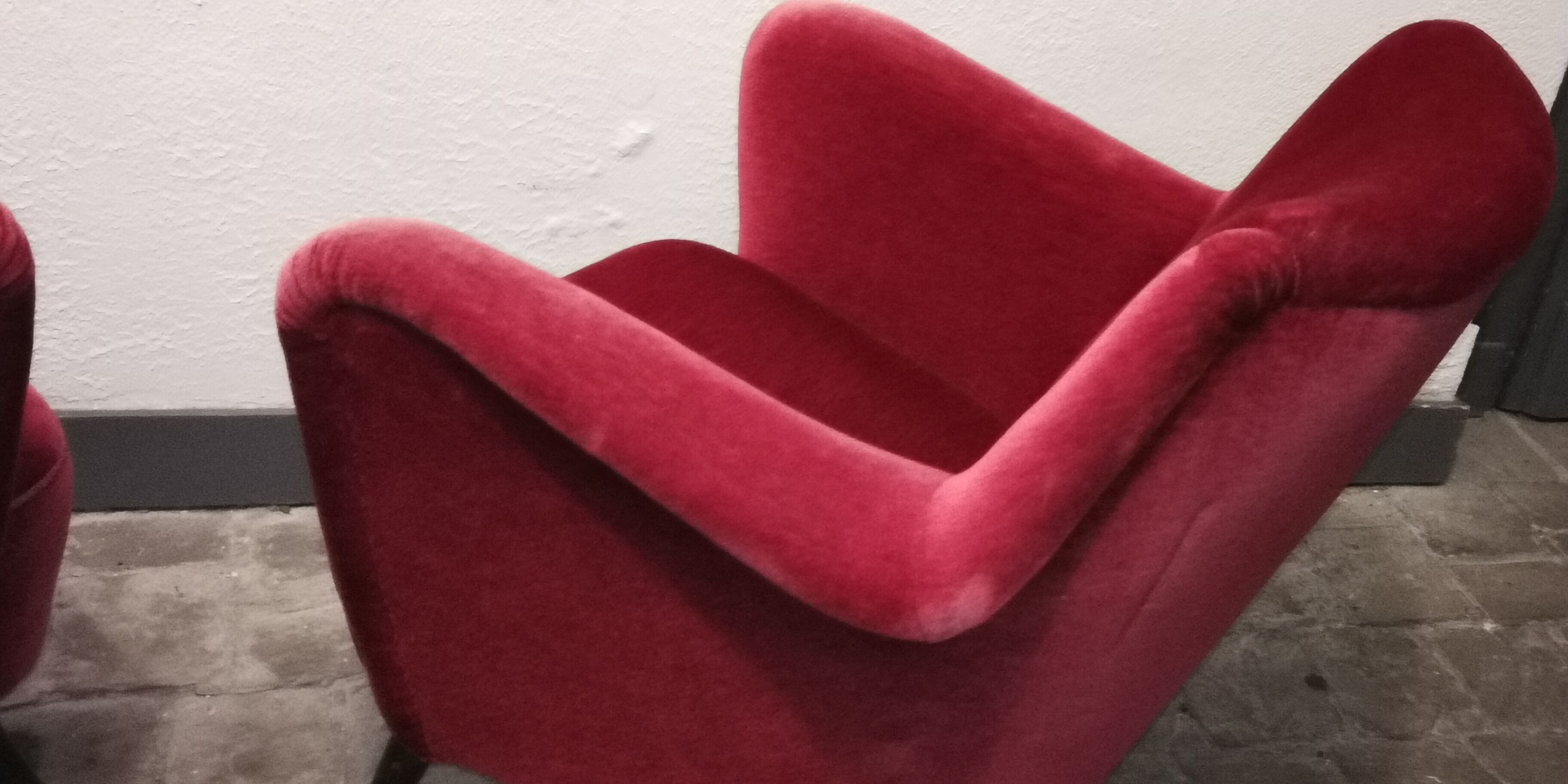 Pair of organic armchairs from the 50s red velvet