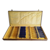 Service à gâteaux ancien en métal et bakélite bleue