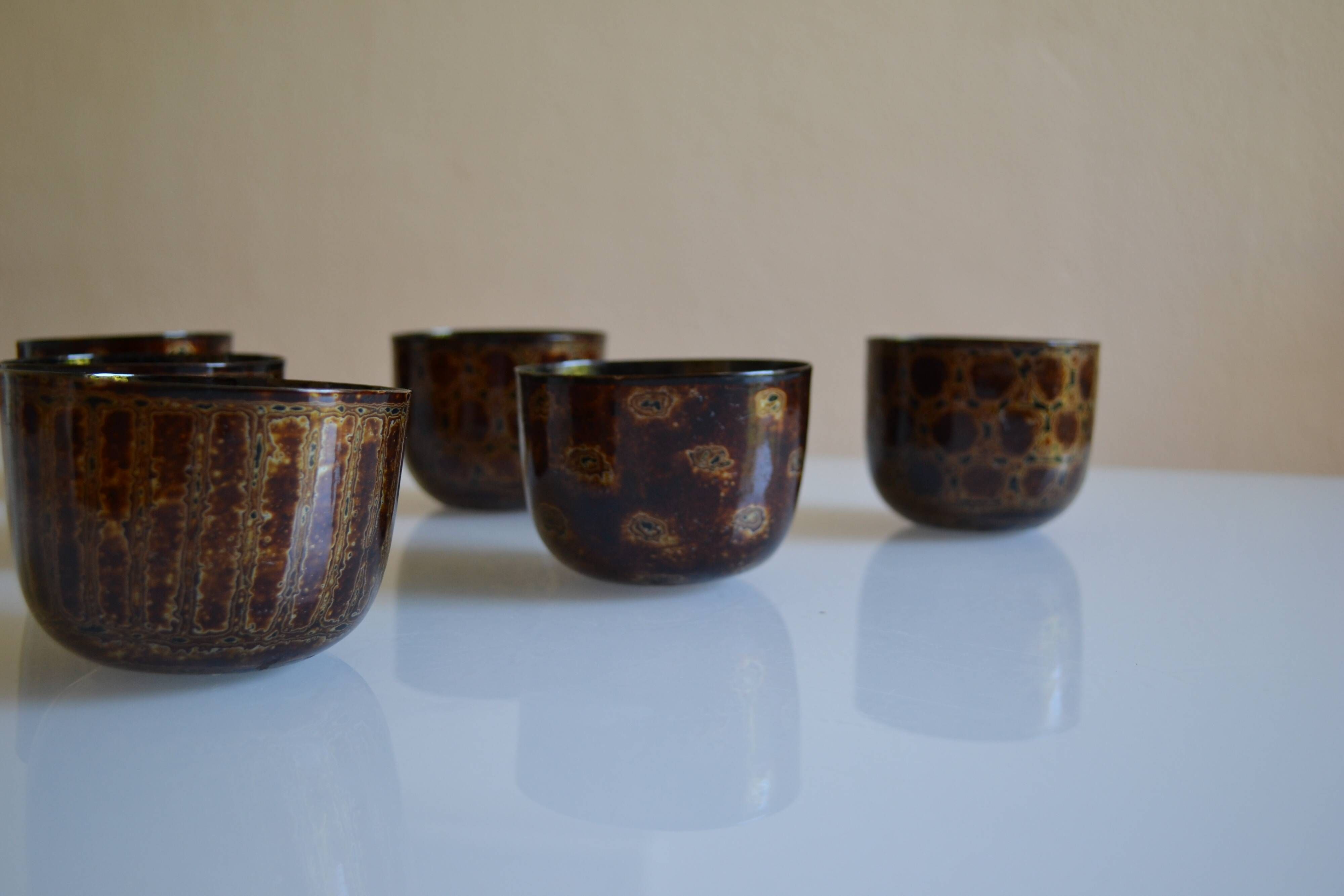 Set of 6 traditional bowls Burmese craftsmanship lacquered bamboo horsehair