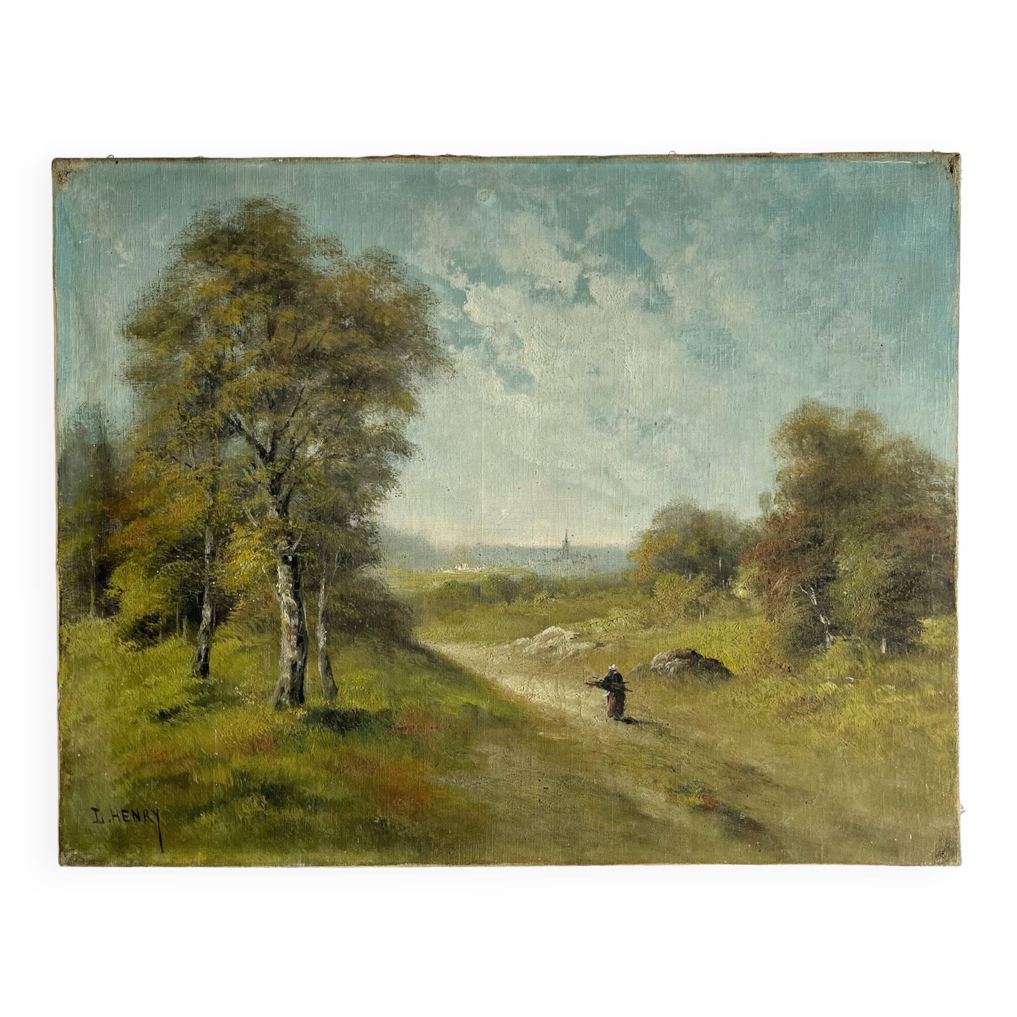 Antique oil painting on canvas, landscape, signed Lucien Félix Henry, 19th century