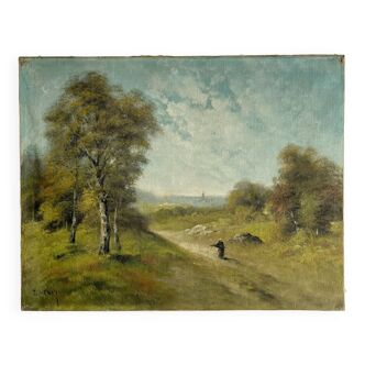 Peinture ancienne huile sur toile paysage signée Lucien Félix Henry, 19eme siècle