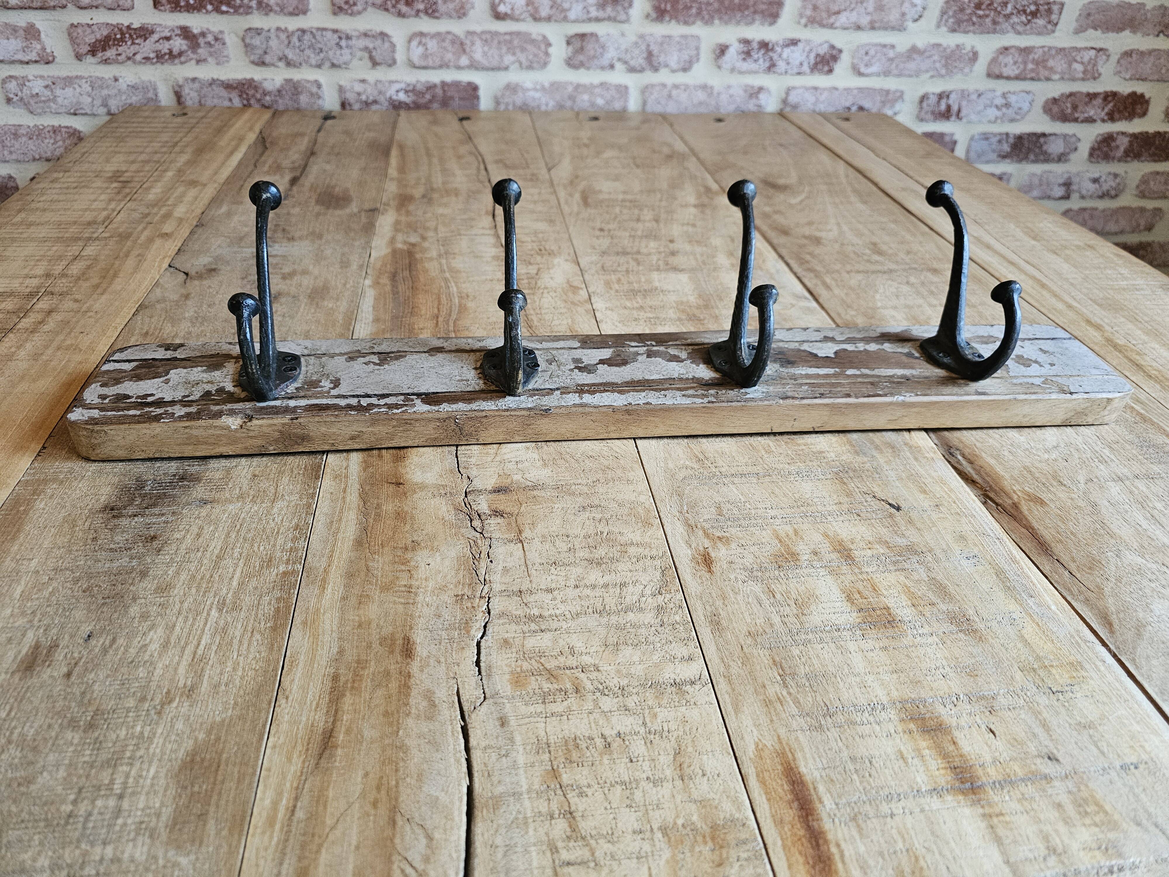 Solid teak coat hook with 4 double cast iron hooks